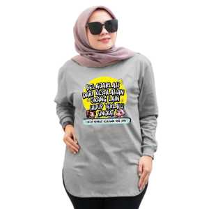 Kaos Semi Tunik Model Oval Wanita Lengan Panjang Motif Tulisan Hidup Singkat Kekinian