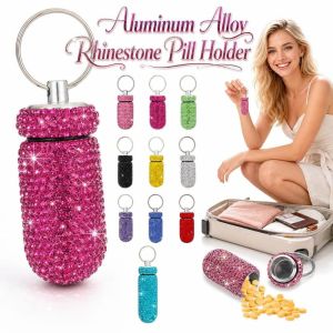GORGE Waterproof Rhinestone Pill Holder Sparkly Aluminum Alloy Keychain Pill Container Chic Durable Portable Pill Case Outdoor Travel