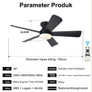 Low Profile Flush Mount 40 Inch Black DC Ceiling Fan Energy Saving Quiet 18W 3 Color LED For Low Ceiling Bedroom Small Living Room 6 Speed Remote