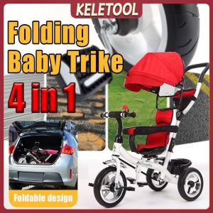 4-in-1 Foldable Baby Tricycle Adjustable Push Handle Removable Canopy Convertible Stroller Bike for Toddlers 1-5 Years Indoor Outdoor Use Durable Kids Trike