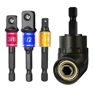 อะแดปเตอร์ซ็อกเก็ตสว่านกระแทก มุมขวา 105 องศา ขนาด ( 1/4  3/8 1/2นิ้ว) Geinxurn หัวต่อสว่าน สว่านต่อบล็อก สว่านอะแดปเตอร์ 4ชิ้น ชุดข้อต่อสว่าน