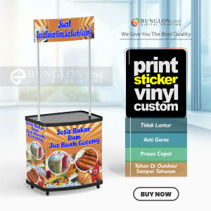 CETAK STIKER MEJA BOTH JAJANAN SOSIS BAKAR DAN JUAS BUAH MEJA JUALAN EVENT DESK FREE REQUEST DESAIN