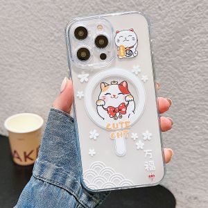 IPH 11 12 13 14 15 Pro Max Cute Cartoon Magnetic Wireless Charging Cat Transparent Soft Stand Case 手机壳