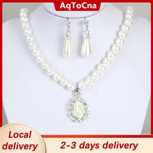 [COD] AqToCna Ship within 24 hours Elegant Pearl Crystal Drop Earrings Chain Necklace Wedding Party Jewelry Set