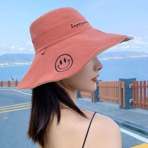 Yadou hai mặt nụ cười Mũ tai bèo cho phụ nữ thời trang bảo vệ khỏi ánh mặt trời Mũ rộng vành với thiết kế mặt cười vui nhộn thoáng khí và UV che chắn