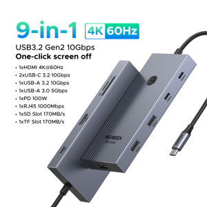 【One Click Screen Off】UGREEN 4K60Hz 9-IN-1 Hub USB3.2 Gen2 10Gbps USB-C Docking Station for iPad Air M2 11" 13 2024 MacBook Pro M3 M2 M1 M4 MacBook Air M3 M2 M1 M4 HDMI+2xUSB-C 3.2+USB-A 3.2+USB-A 3.0 PD100W SD/TF Cable Model:75028