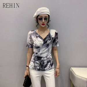 REHIN Áo Thun Ngắn Tay Ôm Sát Xếp Ly Lưới Vẽ Mực Cho Nữ Áo Cánh Cổ Chữ V Thủy Triều