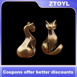 【ZTOYL】 Brass Cat Figurine Vintage Brass Sculpture Desktop Craft Small Ornament Home office Cat Statue Home Decoration