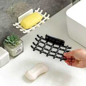 Wall Mounted Punch Free Soap Dish Bathroom Sponge Storage Box Creative Grid Soap Holder with Hook