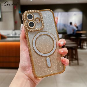 Glitter Diamond for Magsafe Plating Case for iPhone 16 15 14 Pro Max Plus 12 13 11 Magnetic Bling Gradient Rhinestone Soft Cover