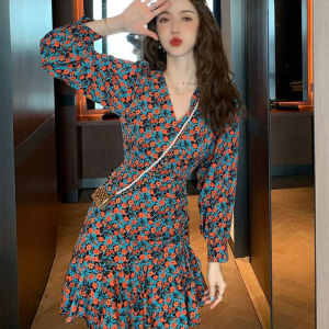 Ielgy váy hoa dài tay phong cách phương Tây cho nữ với Túi bụng và hông