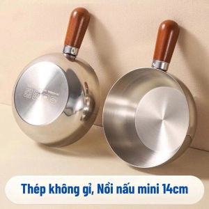 Chảo Inox 304 Mini Cao Cấp 14cm Cán Gỗ Tự Nhiên – Nấu Ăn Nhanh Gọn Tiện Dụng