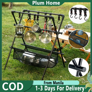 Camping Rack Foldable Camping Hanging Rack Organizer with Mesh Pocket Hook Barbecue Tableware Storage Rack for Hiking Picnic