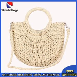 Vktech Chic Womens Semicircle Shoulder Bag in Woven Material Perfect for Summer Beach and Travel Adventures