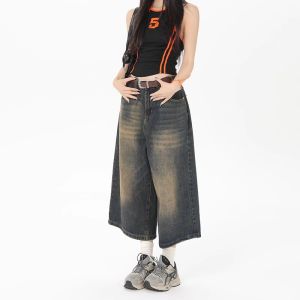 Celana Jeans Culotte Wanita Vintage Kulot 5XL Gaya Korea dengan Pinggang Tinggi