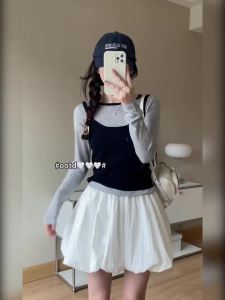 กระโปรงสั้นดอกไม้สีขาวสำหรับผู้หญิง สไตล์เกาหลีใหม่ฤดูร้อน เอวสูงสบายๆ a กระโปรงครึ่งตัวฟูฟ่อง