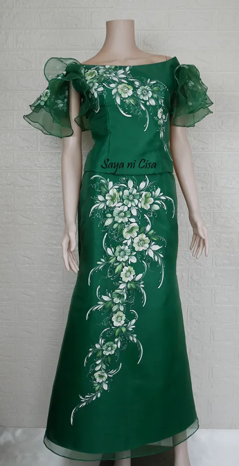 Filipiniana Flare Sleeve Blouse and Skirt Dress-Emerald Green | Lazada PH