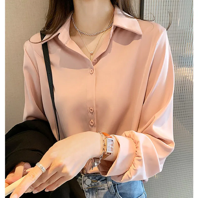 Korean Style Women Chiffon Blouse Office Wear Long Sleeve Loose V