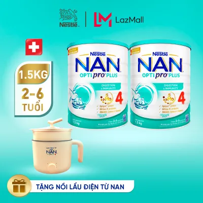 [Tặng Nồi lẩu điện] Bộ 2 lon Sữa bột Nestlé NAN OPTIPRO PLUS 4 1500g/lon với 5HMO Giúp tiêu hóa tốt cho bé từ 2 - 6 tuổi Sữa công thức dinh dưỡng cho trẻ giúp hỗ trợ tiêu hóa đề kháng trí não và phát triển toàn
