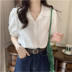Women Korean French Style Lace Doll Collar Short Sleeve Shirts for Women Bubble Sleeve Summer White Tops