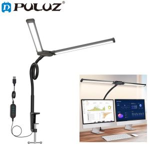 PULUZ LED Desk Lamp for Office Home Eye-Caring Desk Light with Stepless Dimming Adjustable Flexible Gooseneck Dual Screen Computer Monitor Desk Lamp with Clamp for Study Drafting