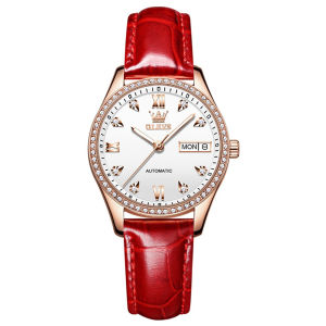 OLEVS 6637 Fashion Mechanical Women Watch Gift Genuine Leather Watchband Round-dial Wristwatch Week Display Calendar Luminous