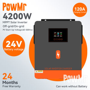 PowMr 4.2kw On-grid/Off-grid Hybrid Inverter 24Vdc PV Panel Input 500vdc Pure Sine Wave Solar Inverter Built In 140A MPPT Solar Charger Controller Fast Charger Battery Charger