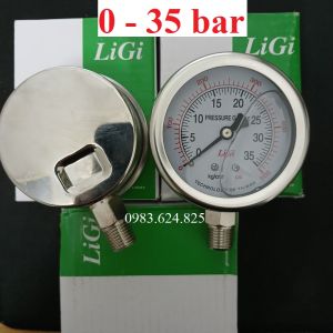 Đồng hồ đo áp suất dầu 0 - 35 kg/cm2 = 35bar Mặt 63 Ren 1/4 = 13mm Chân đứng