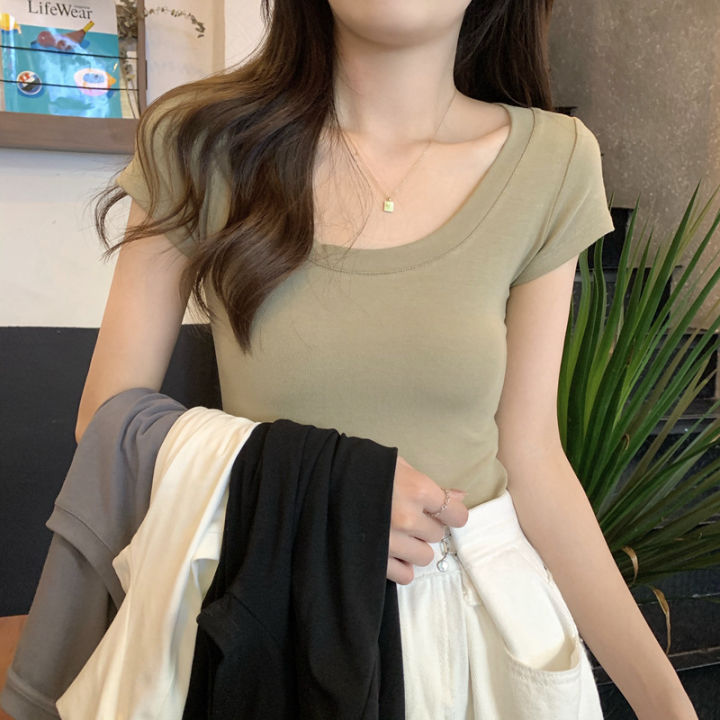 เสื้อยืดแขนสั้นอเนกประสงค์ของลำลองสีบริสุทธิ์ผู้หญิงเสื้อคอปกรูปตัว U ...
