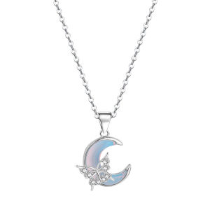 925 Sterling Silver Elegant Hollowed Out Butterfly Moon Zircon Necklace For Womens Birthday Party Gift