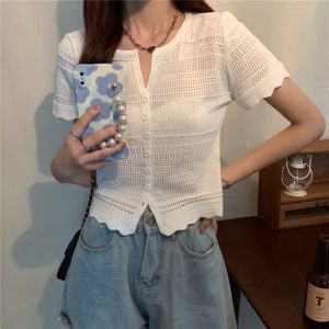 Womens Knitted Short-sleeved T-shirt V-neck Hollow Thin All-match Gentle Short Top