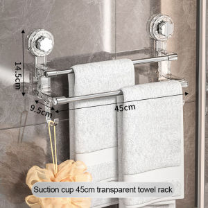 Suction Cup Bath Towel Bar with Hooks Drill-Free Stainless Steel Dual Towel Rails Rack Wall Mounted Removable Heavy Duty Hand Towel Holder for Bathroom Hardware and Shower Kitchen Accessories Hanging Towel Bar