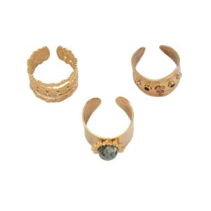 REEBO 3Pcs Wide Side Vintage Rhinestone Rings Geometry Gold Silver Metal Open Ring Fashion Smooth Women Finger Jewelry Ladies