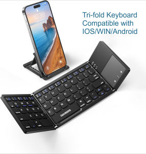 Foldable Wireless Keyboard with Touchpad Portable Bluetooth Keyboard with Holder Rechargeable Full Size Ultra Slim Black Pocket Keyboard Display for Win/IOS/Android-Black with Battery Level Alert