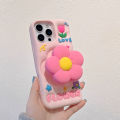 ขาตั้งยืดหด 3D พร้อมเคสศัพท์ซิลิโคนรูปดอกไม้สำหรับ iPhone 13 14 15 16 Pro Max เคสซิลิโคนอ่อนนุ่มสำหรับเคส iPhone 16 Pro Max. 