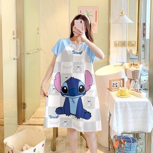Stitch Woman Pajamas Dress Short Sleeve Summer Y2K Causual Loose Dress Kawaii Sanrio Cartoon Fashion Nightgown Comforts Homewear