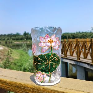 PENTU Glacier Texture Hand-Painted Glass Cup Transparent Flower Design Beer Cup Trendy Creative Water Cup Party