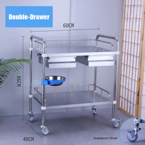 2 Layers Utility Medical Cart Trolley with Drawer Shelf 304 Stainless Steel Treatment Cart with Wheels Rolling Cart Commercial Dental Lab Cart Utility Services Operating Cart For Hospital Salon Clinic
