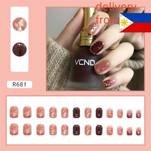 FenHuan 【Local Delivery 】24pcs/box Explosions Wearing A Fake Nails Advanced Sense Cats Eye Rhinestone Cartoon Cute Daily Length Nail Nail Long Luxury Pure Wearable Nail 【】