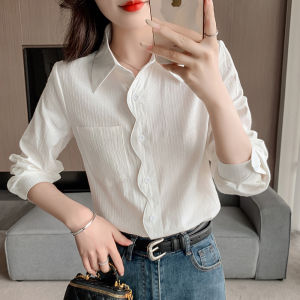 AMMIN 2025 Autumn New Simple Solid Color Lapel Commuter Pure Cotton Shirt for Women Korean Style Wave Single-Breasted Design Long Sleeve Elegant Blouse