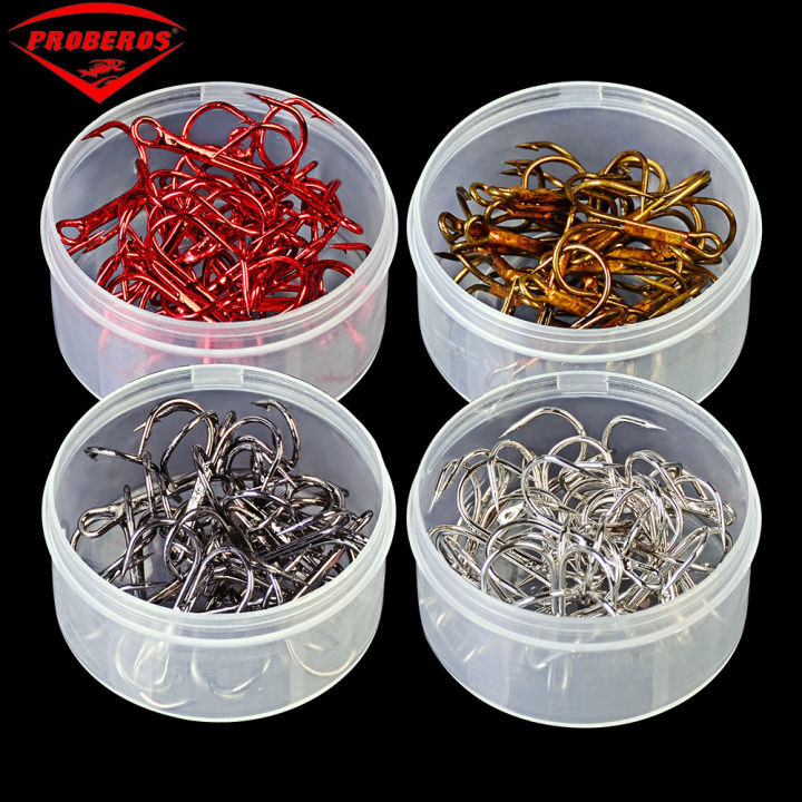 Proberos 20pc/Box Fishing Hook Fishhook High Carbon Steel Treble Hooks  Fishing Tackle 4 Color Black/Brown/White/Red 2/4/6/8/10#