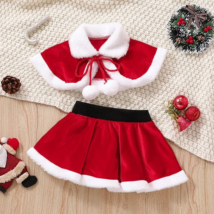 Kids Girls 2Pcs Christmas Outfits Contrast Color Splicing Lapel Plush Ball Tie Up Shawl Tops Cloak Coat Elastic Waist Skirt Lazada PH