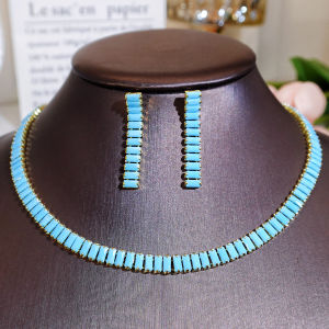 SEQUITO Gorgeous Women Jewelry Set Gold Plated Paved Setting Blue AAA Baguette Cut Cubic Zircon Fashion Banquet Earrings Necklace SJ400