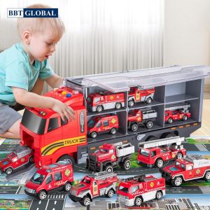 Mô hình xe container chở 6 xe hợp kim cứu hỏa công trình cảnh sát cho bé 818