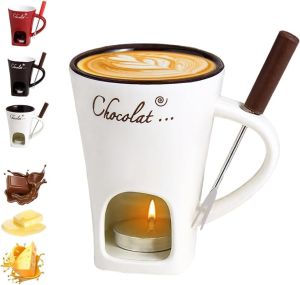 Chocolate Fondue Mug with Forks Chocolate Melting Cup Ceramic Butter Warmers Pot Set Personal Cheese Melting Cup Fondue Heated with a Tealight Warmer Mug for Candy Snack Caramel Party (Coffe)