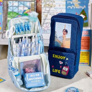 FDGFGG Large Capacity Denim Pencil Bag Multi Layer Kawaii Stationery Storage Bag Multifunctional Photo Display Pencil Case Students Gift
