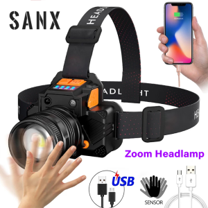 SANX T8 10000LM Outdoor Headlight USB Rechargeable LED Sensor Headlights Adjustable Light Headlamp Waterproof Strong Light Telescopic Zoom Head-mounted Flashlight