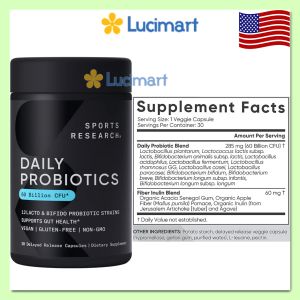 Viên uống hàng ngày Daily Probiotics với Prebiotic - 60 Billion CFU - thuần chay - Sports Research hũ 30 viên [Hàng Mỹ]