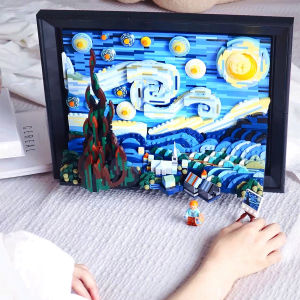 เข้ากันได้กับ Legao Ideas21333 Vincent Van Gogh Starry Night Building Blocks 3D นามธรรม Starry Sky ภาพวาดปริศนาคิด Assembly