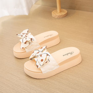 [Free Shipping] Fashionable and versatile thick-soled bow slippers for women new summer flat-soled height-increasing non-slip soft-soled sandals